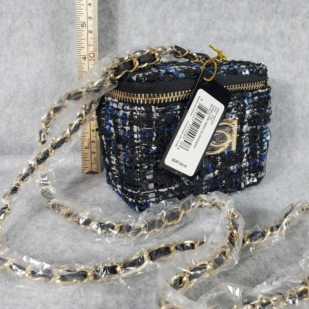 bebe Womens Crossbody Kamala Mini Tweed SQ Crossbody OS Black Blue Sequin Vanity